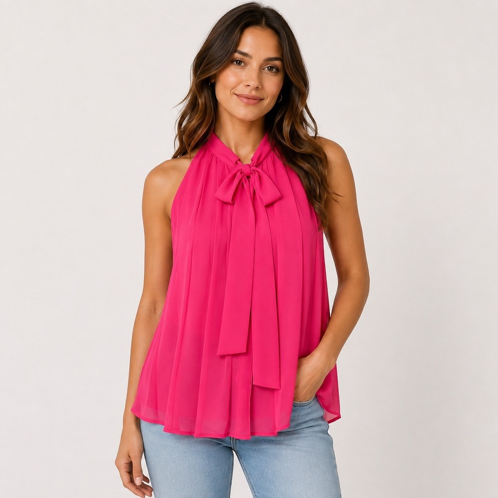 Worthington Halter Blouse M Pink Tie Neck Pleated Sleeveless Top